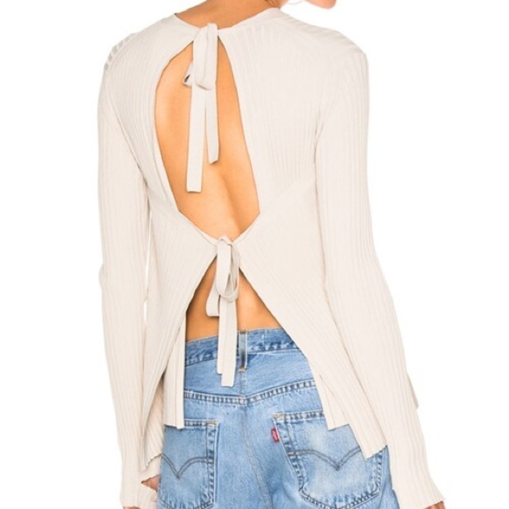 HELMUT LANG Open Tie Back Sweater Metal Tan Beige Ribbed Knit RARE Size XS